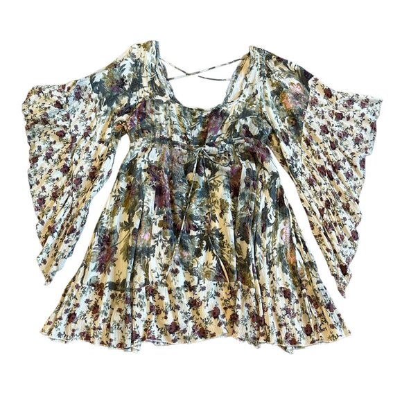 Free People Heart of Gold Floral Print Mini Dress Butterfly Sleeves Size Small - Picture 2 of 14